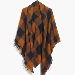 NWT Madewell Buffalo Check Blanket Scarf, Orange (Rust) & Navy Blue 60 X 60